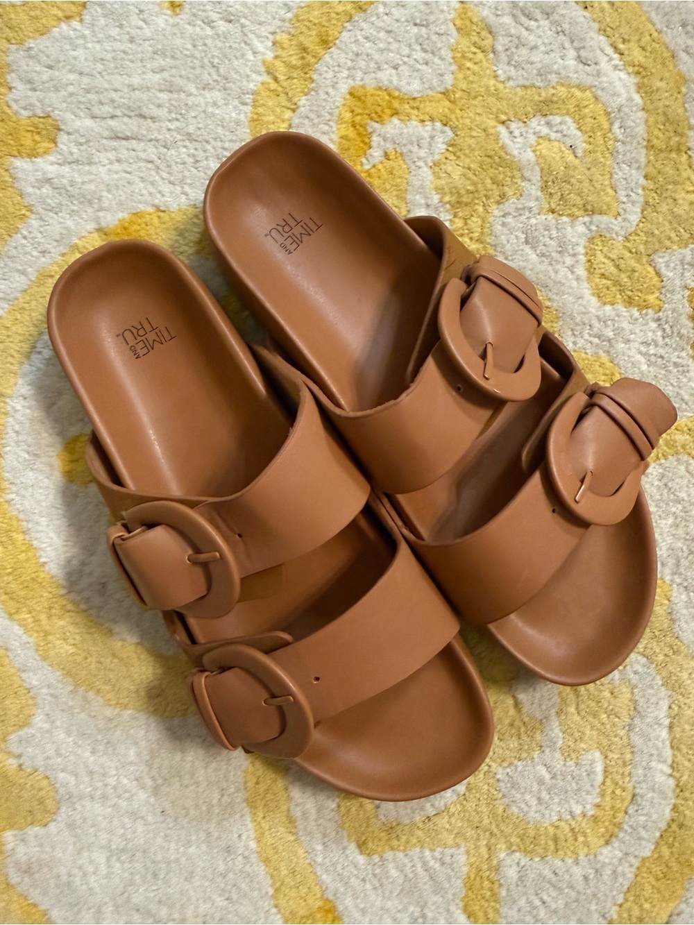 Time and Tru Tan Double-Buckle Slide Sandals